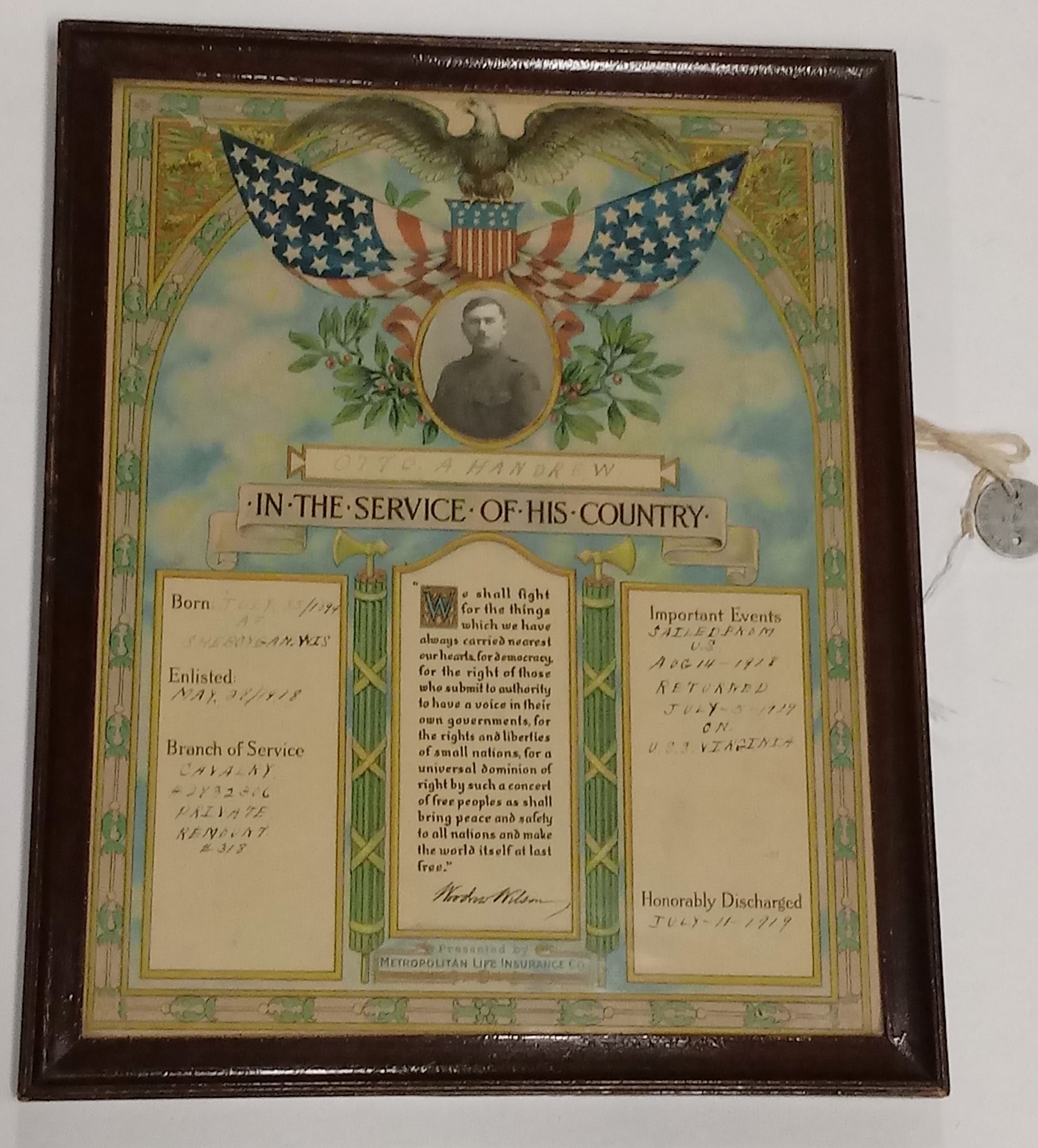 WWI MEMORIAL, DOG TAG, AND SHIP PHOTOGRAPH
