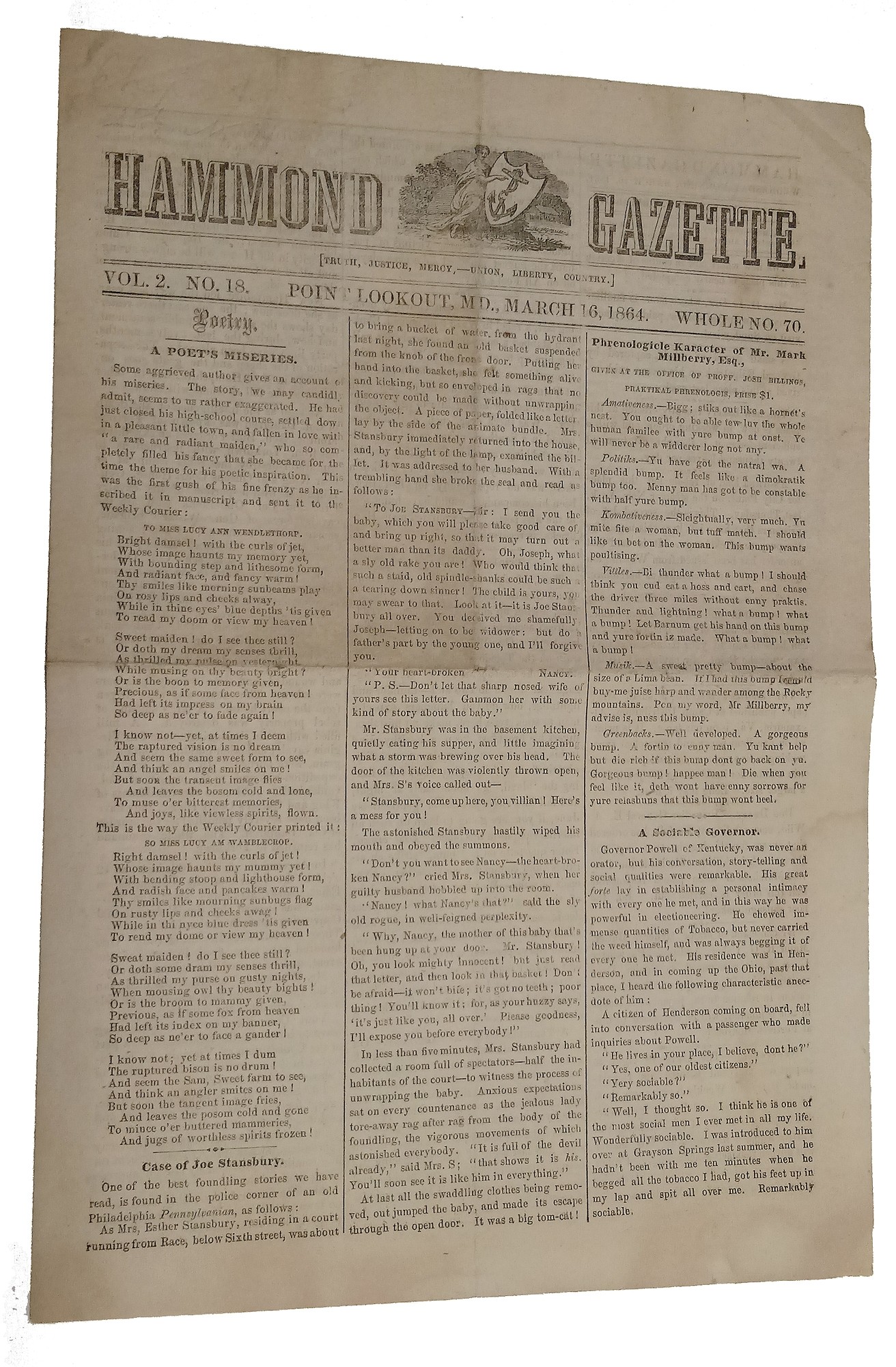 THE HAMMOND GAZETTE, POINT LOOKOUT, MARYLAND, MARCH 1864
