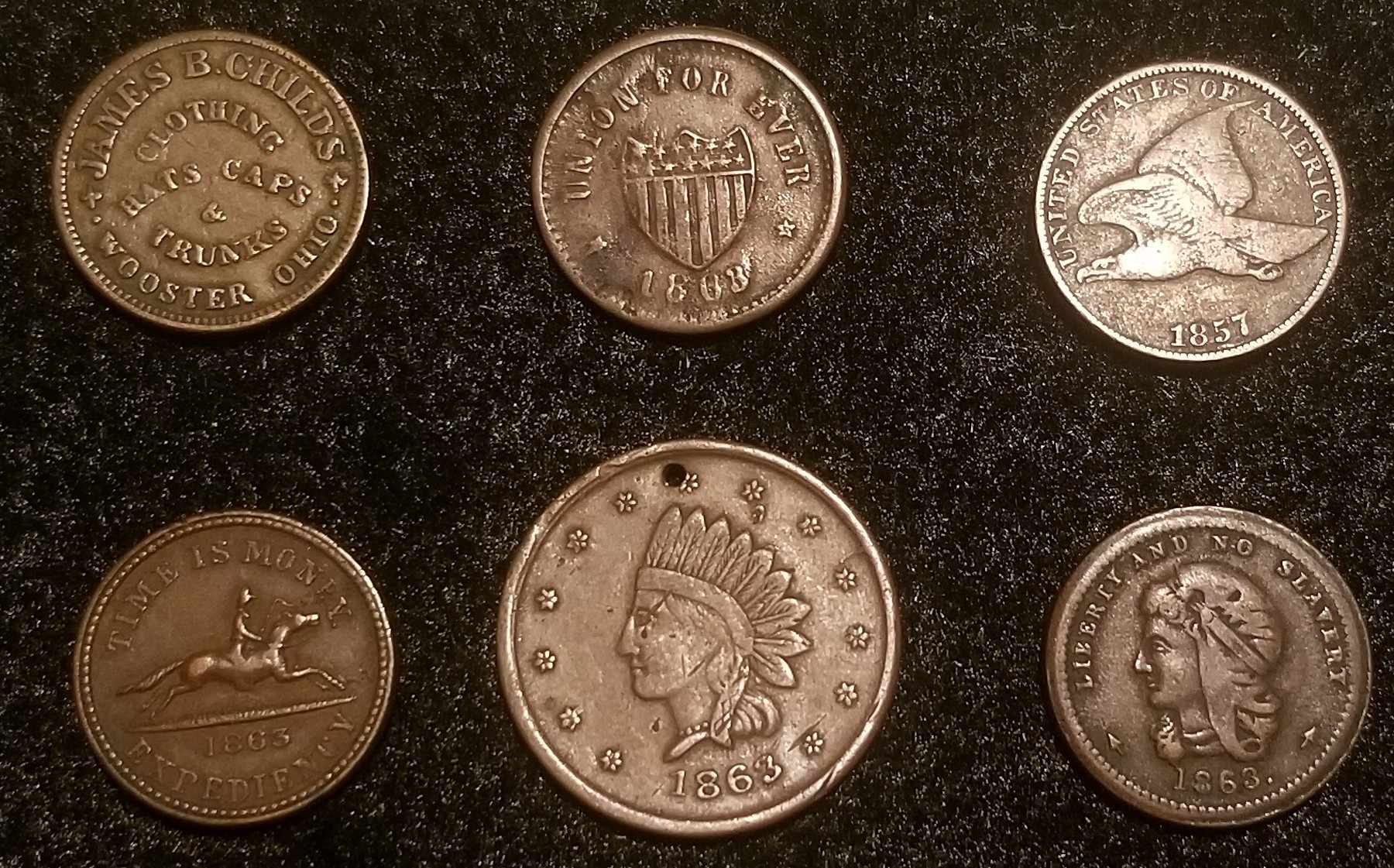 SIX COINS & TOKENS ID'D TO GETTYSBURG MEDAL OF HONOR RECIPIENT PVT. CHARLES STACEY, 55th OHIO VOL. INFANTRY