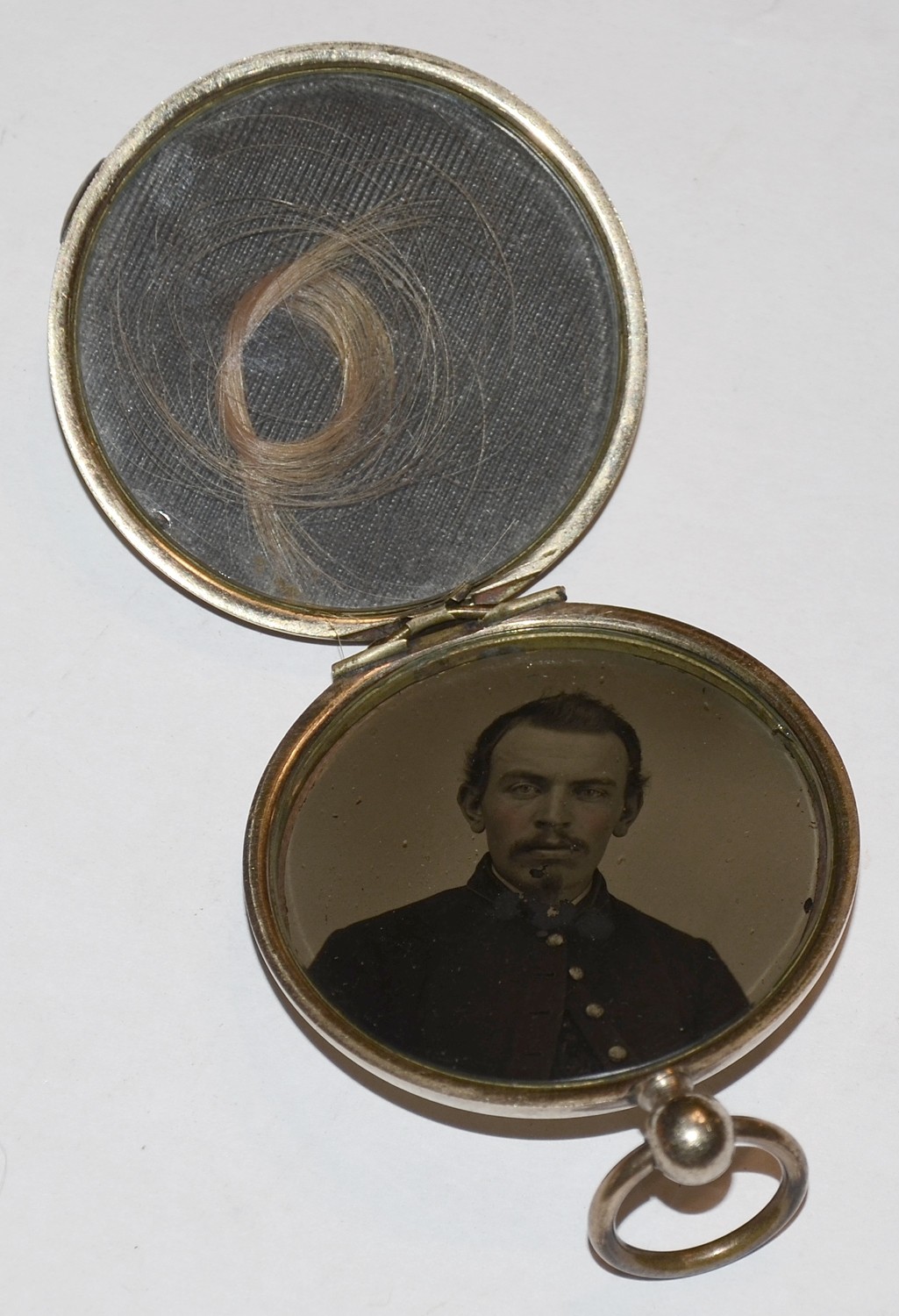 GOLD PLATED LOCKET WITH LOCK OF HAIR AND TINTYPE OF UNION SOLDIER