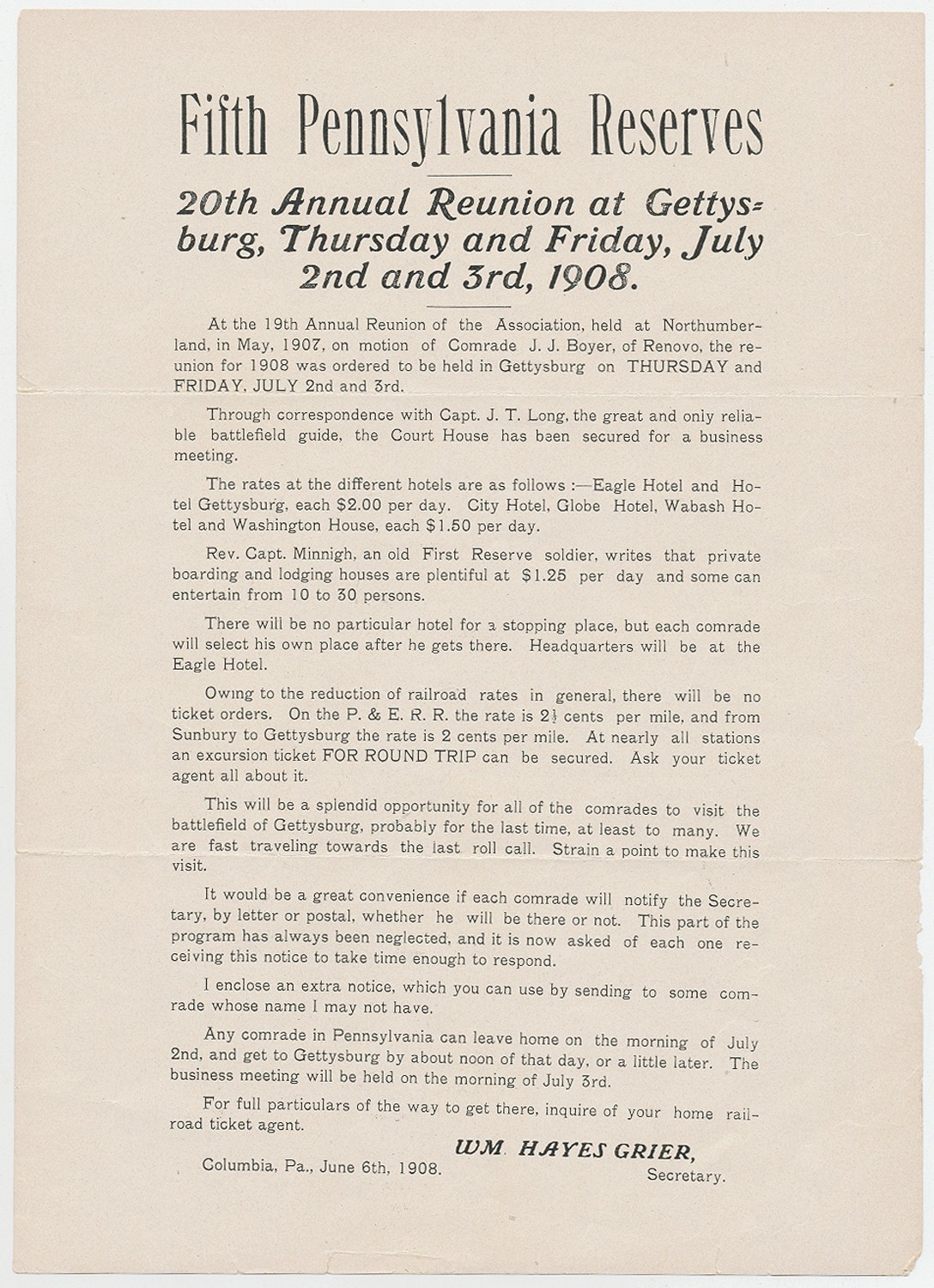 FIFTH PENNSYLVANIA RESERVES REUNION AT GETTYSBURG NOTICE, 1908 