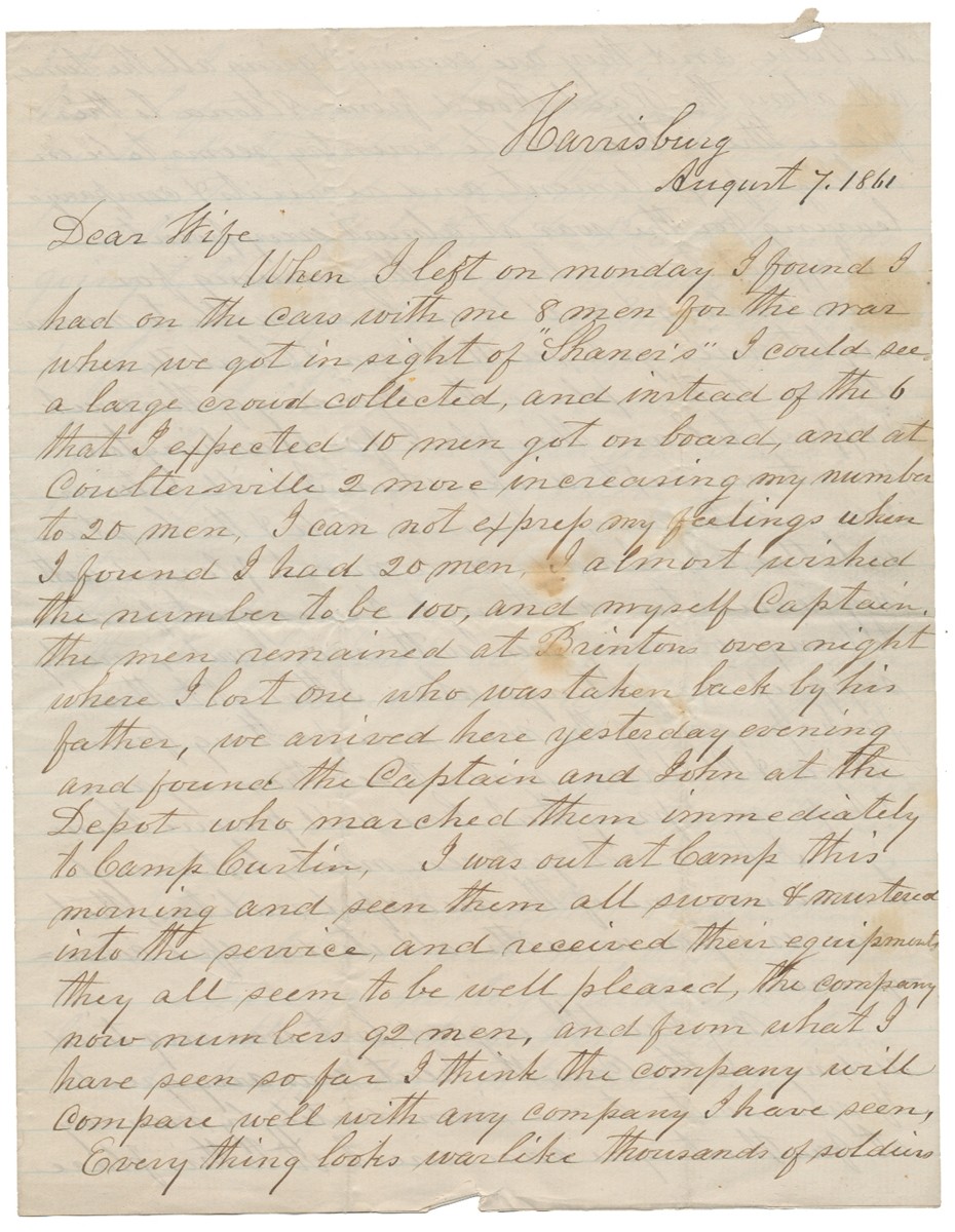 AUGUST 1861 CIVIL WAR LETTER FROM LEBANON, PA RESIDENT JACOB FORNEY KREPS TO HIS WIFE