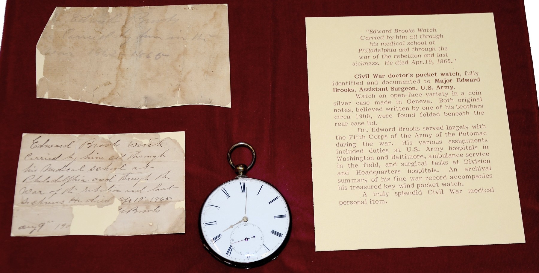 IDENTIFIED CIVIL WAR POCKET WATCH OF ASSISTANT SURGEON EDWARD BROOKS, US REGULARS, FIFTH ARMY CORPS