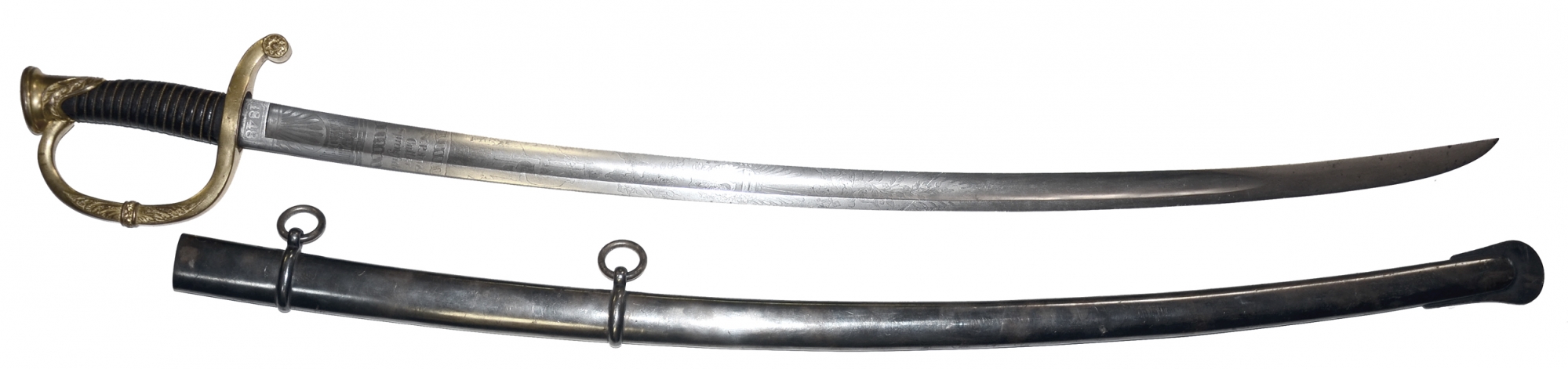 SUPERB AMES TYPE-1 MODEL 1840 ARTILLERY OFFICER’S SABER AND SCABBARD, WITH SILVER PLATED SCABBARD AND ETCHING FOR A N.Y. OFFICER IN 1848