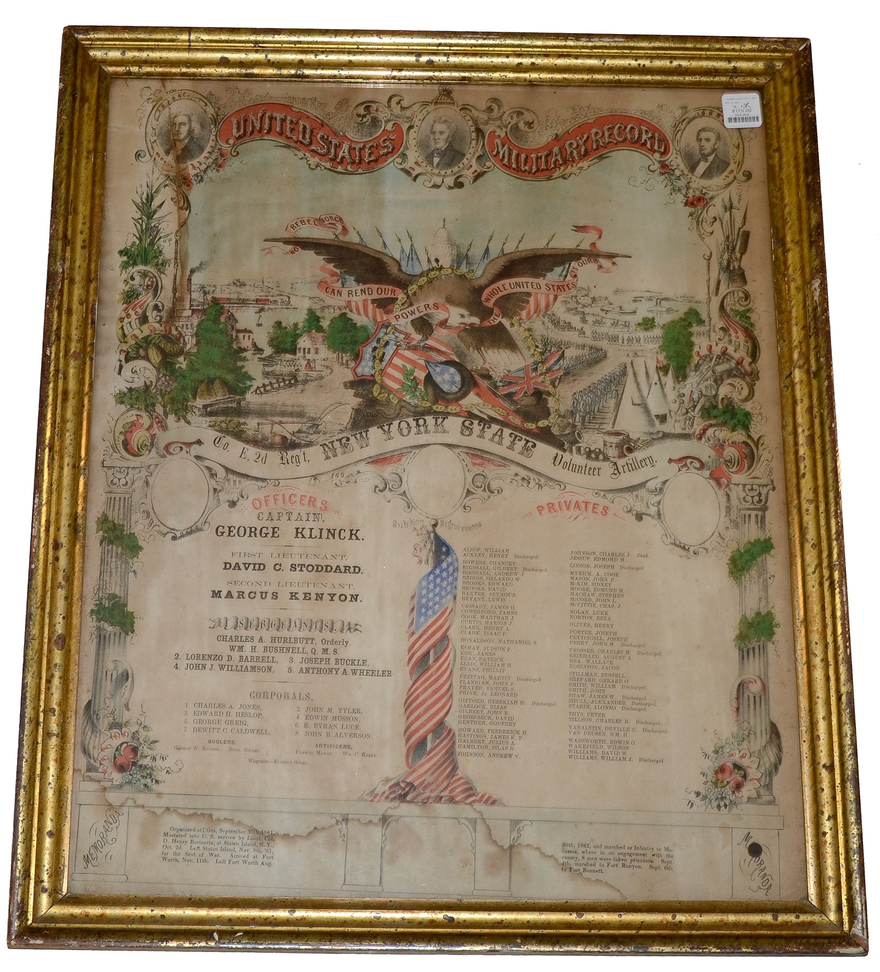 COLORFUL “UNITED STATES MILITARY RECORD” FOR Co. E, 2nd NY ARTILLERY