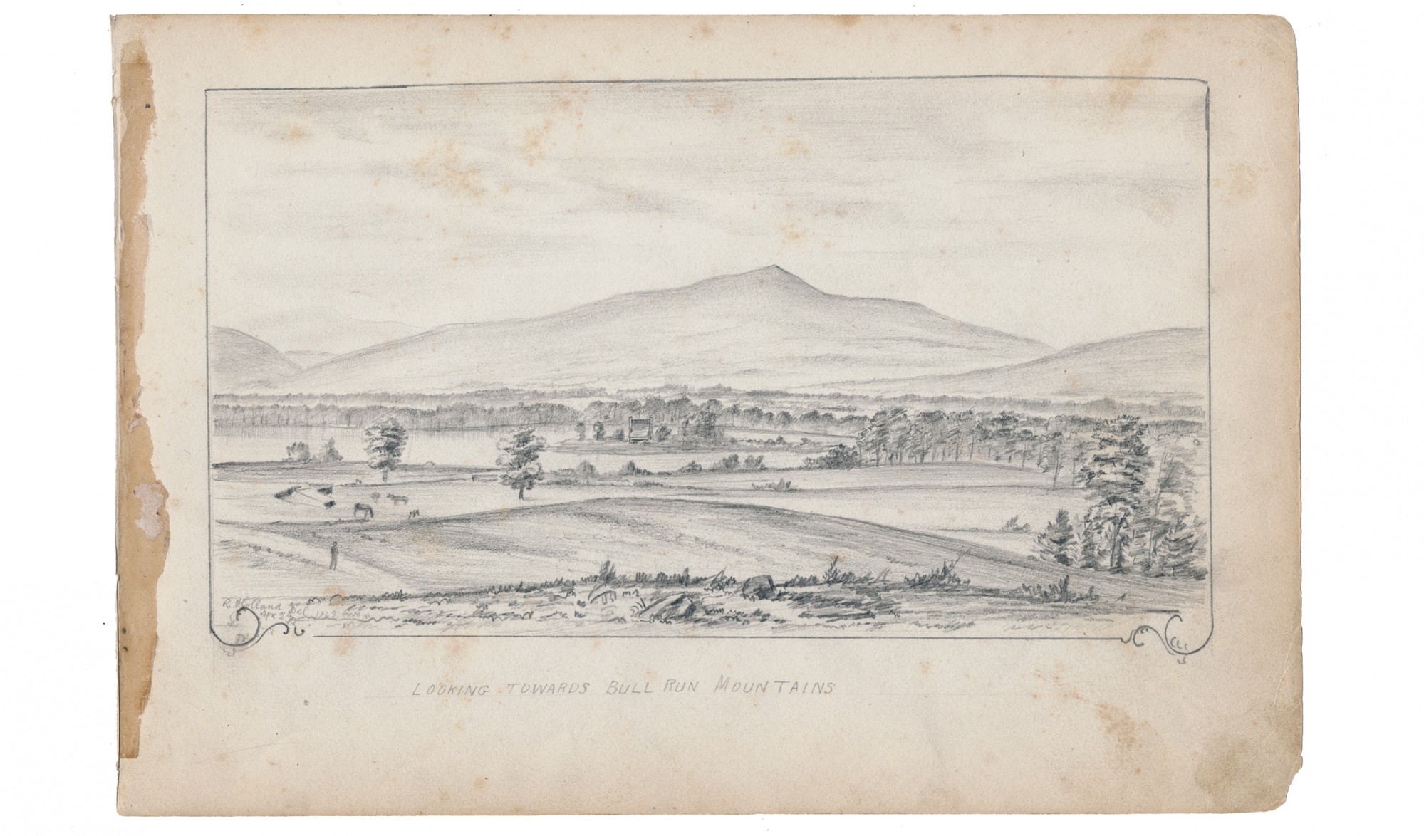1863 FULL PAGE SKETCH OF A VIEW OF THE BULL RUN MOUNTAINS FROM 9TH MASSACHUSETTS BATTERY ARTIST RICHARD HOLLAND