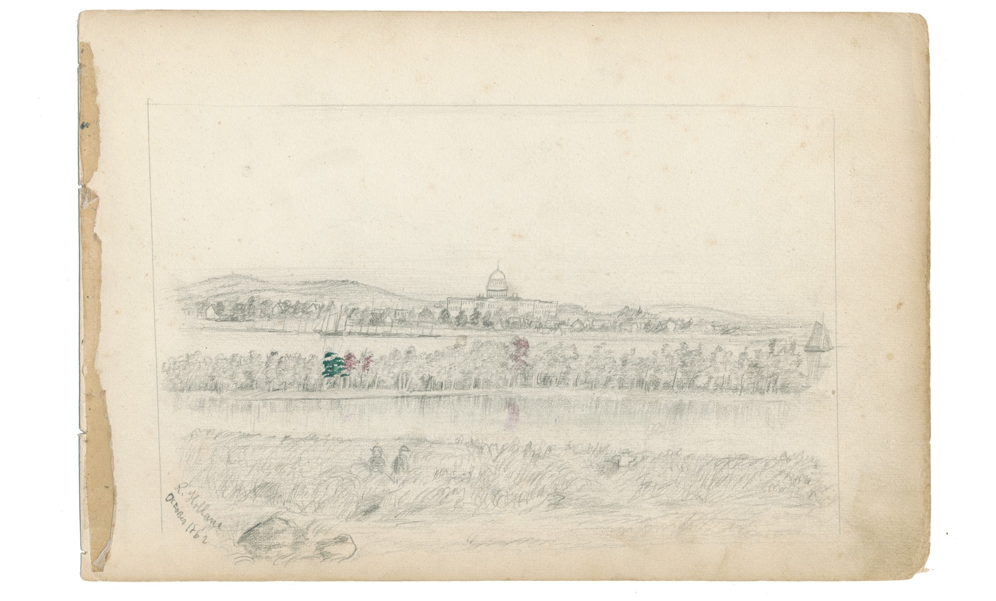 1862 DATED FULL PAGE SKETCH OF A VIEW OF THE NEWLY CONSTRUCTED CAPITOL DOME BY 9TH MASSACHUSETTS BATTERY ARTIST RICHARD HOLLAND