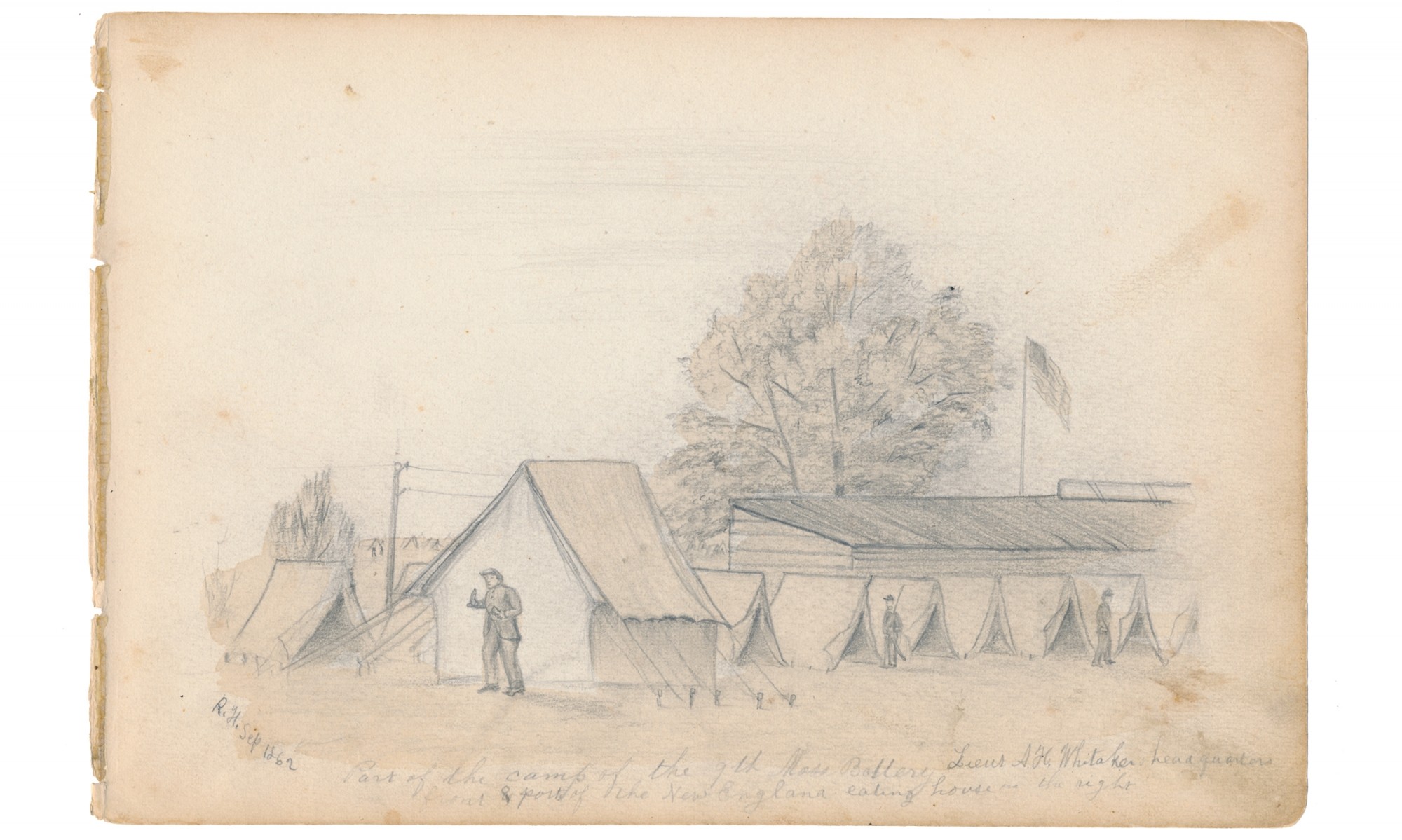 1862 DATED FULL PAGE SKETCH OF PART OF THE CAMP OF THE 9TH MASSACHUSETTS ARTILLERY BY A MEMBER OF THE BATTERY--ARTIST RICHARD HOLLAND HOLLAND, 9TH MASSACHUSETTS LIGHT ARTILLERY – “JAMES L. CLAPP”, SEPTEMBER 1862