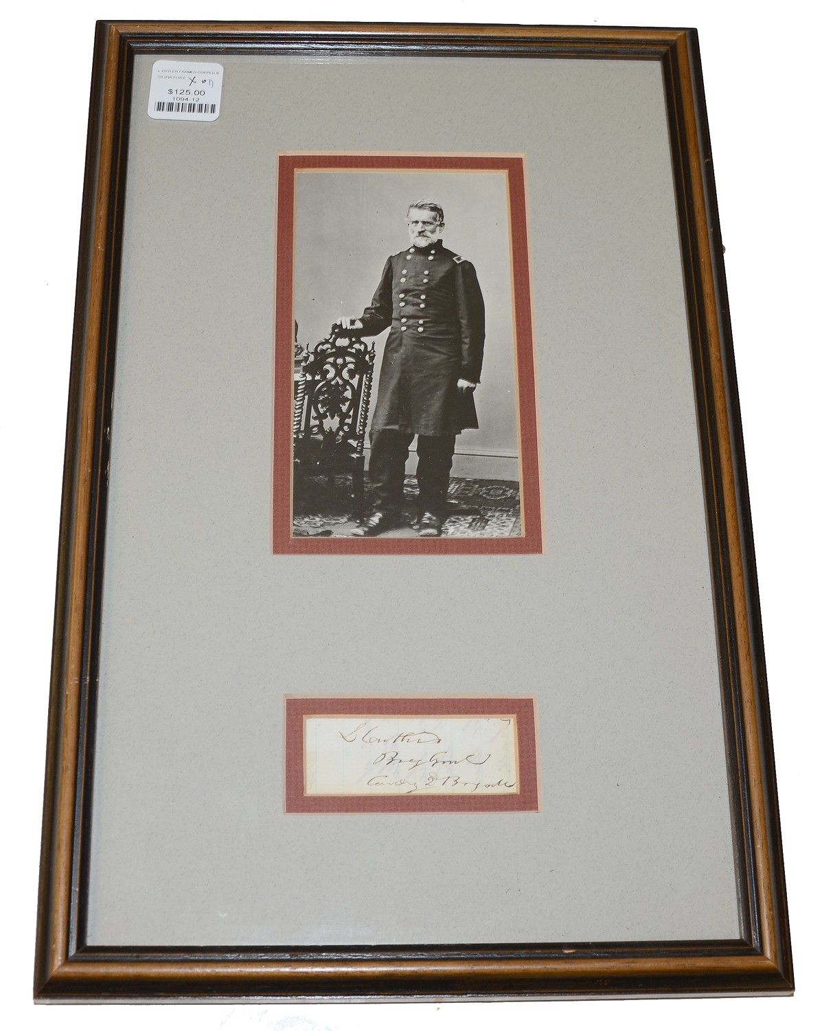 FRAMED CLIPPED WARTIME SIGNATURE OF GENERAL LYSANDER CUTLER WITH PHOTO