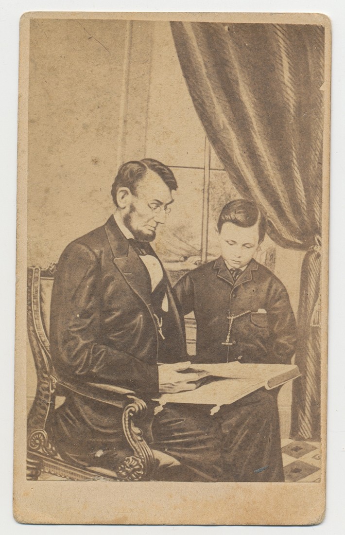CDV LITHOGRAPH OF PHOTO OF ABRAHAM LINCOLN & TAD, ca. 1865