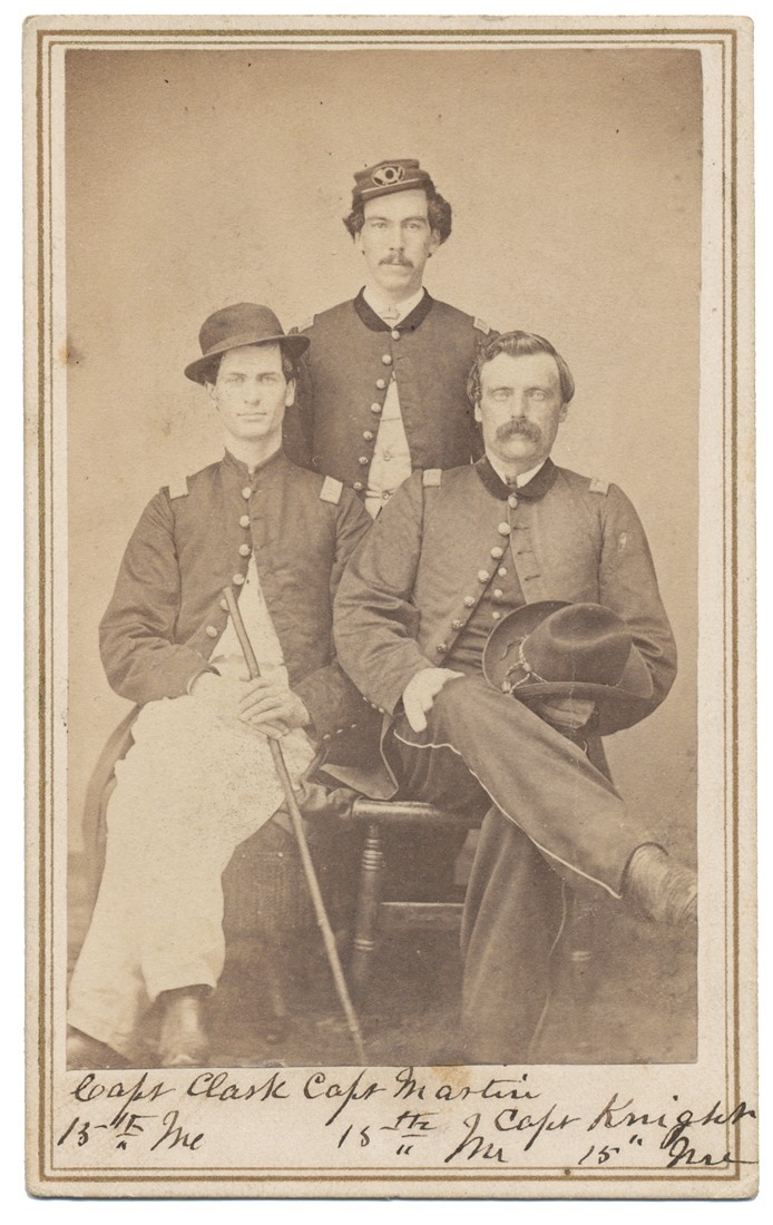 GREAT SEATED CDV OF THREE IDENTIFIED 15TH MAINE OFFICERS