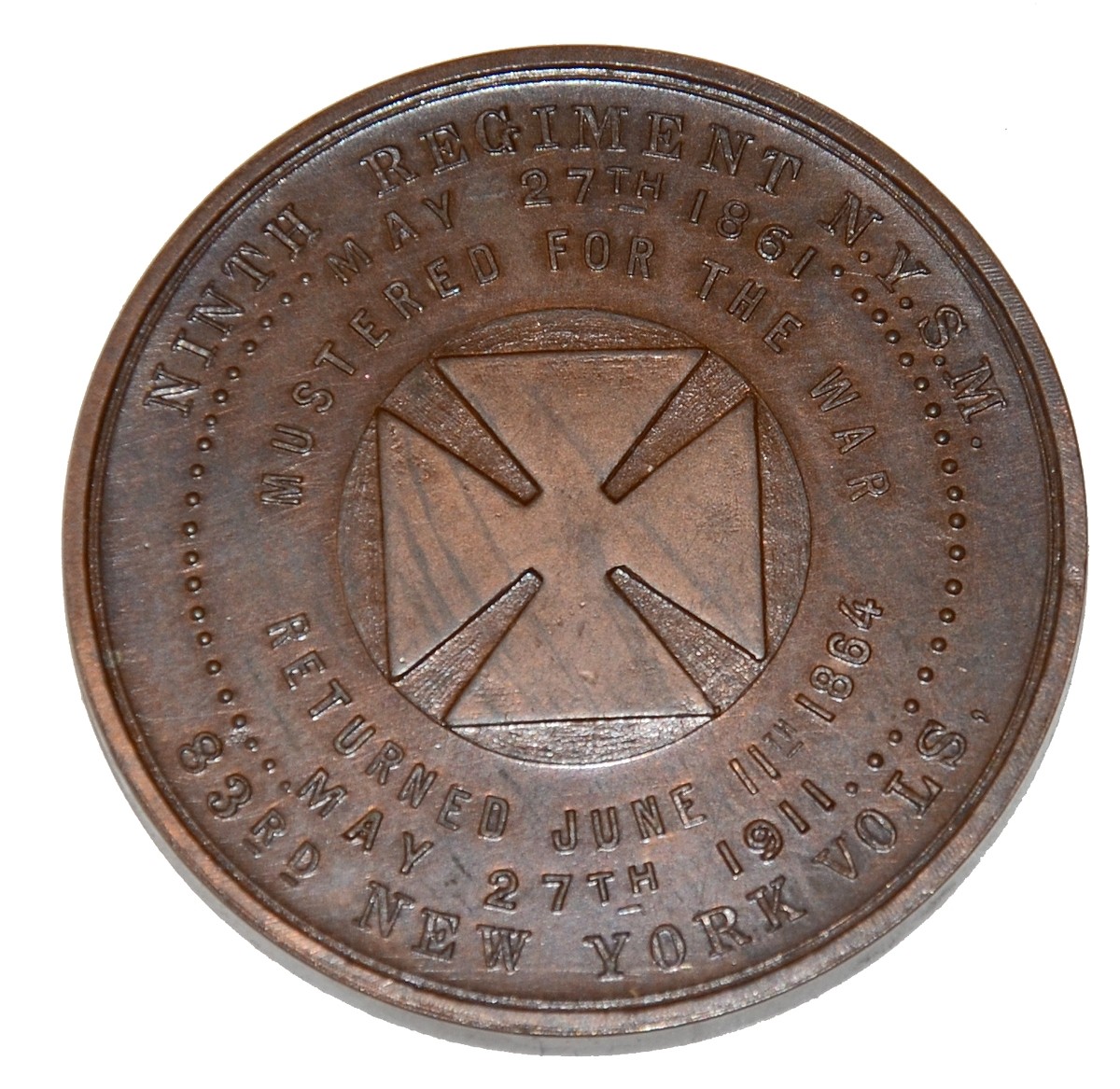 FIFTIETH ANNIVERSARY SERVICE MEDALLION FOR THOMAS THORNE 9th NYSM, 83rd NY VOLUNTEERS, PRIVATE, LIEUTENANT, AND CAPTAIN - WIA ANTIETAM AND GETTYSBURG!