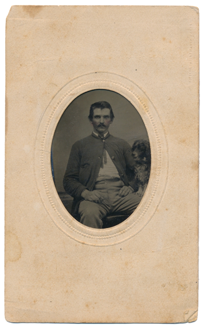 CDV SIZED TINTYPE OF A SOLDIER AND HIS DOG
