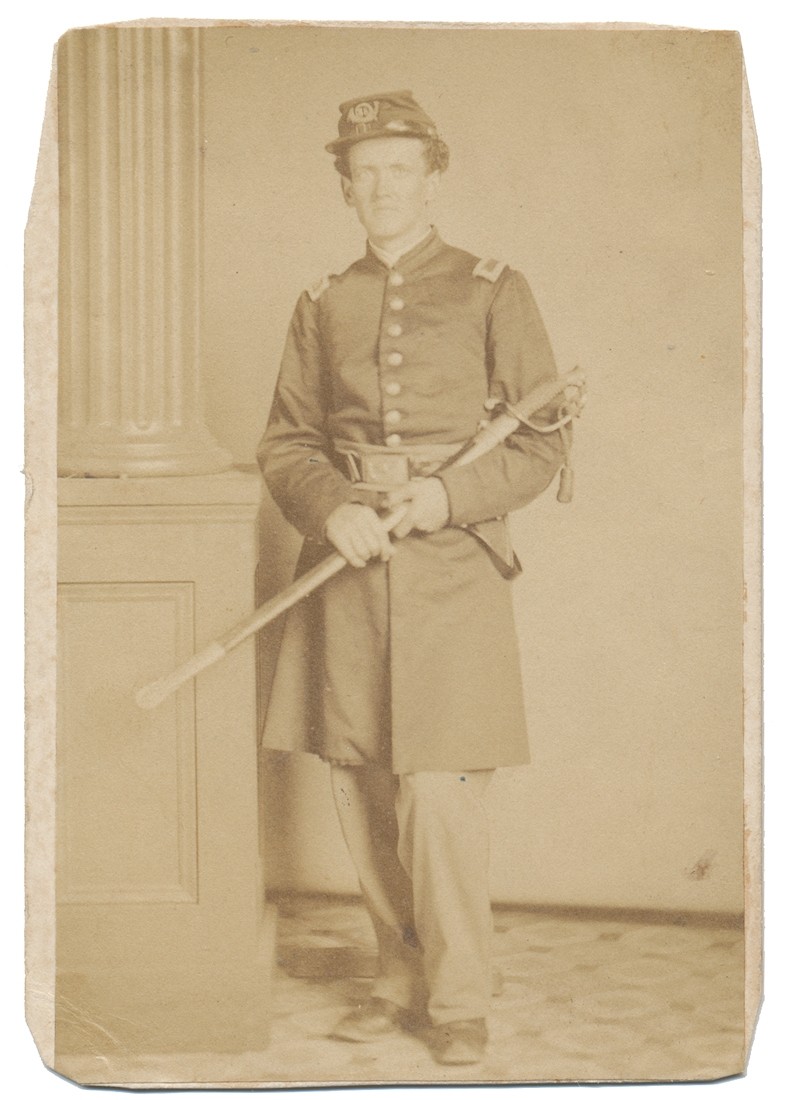 FULL STANDING VIEW OF 38TH MASSACHUSETTS OFFICER WOUNDED AT PORT HUDSON, WITH INK ID