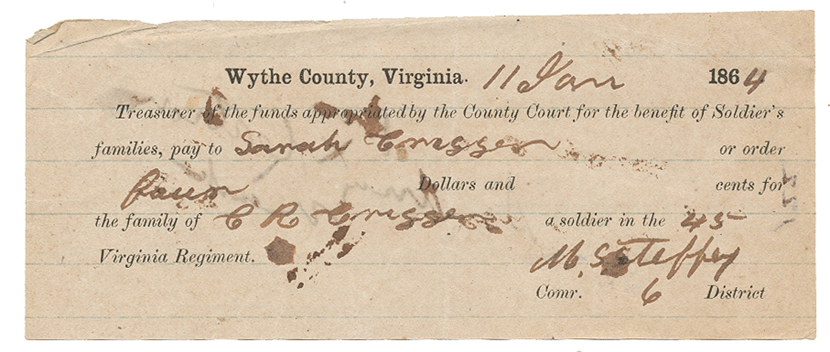 ALLOTMENT CHECK FOR WYTHE COUNTY, VA SOLDIER’S WIFE – C.R. CREAGER, 45TH VIRGINIA