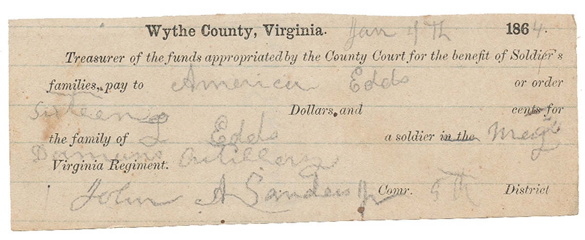 ALLOTMENT CHECK FOR WYTHE COUNTY, VA SOLDIER’S WIFE – L. EDDS