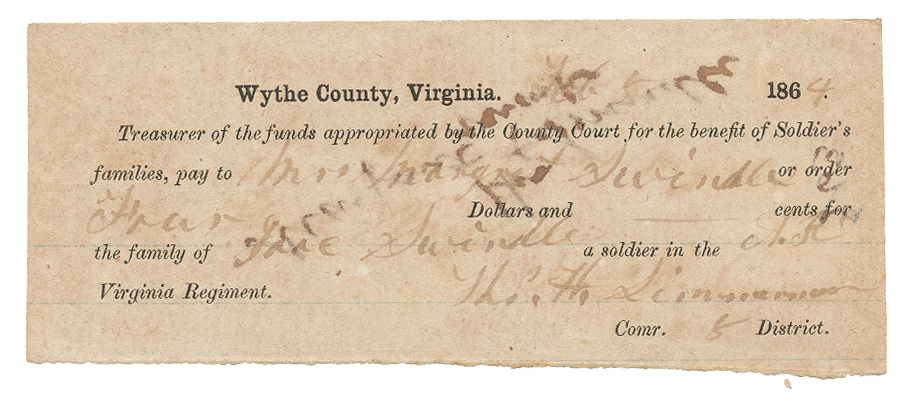 ALLOTMENT CHECK FOR WYTHE COUNTY, VA SOLDIER’S WIFE – ISAAC SWINDLE, ALLEGHANY, VA LIGHT ARTILLERY BATTERY; WIA FREDERICKSBURG; POW FISHER’S HILL
