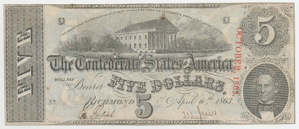 1863 CSA T-53 $5 NOTE FEATURING STATE CAPITOL, RICHMOND