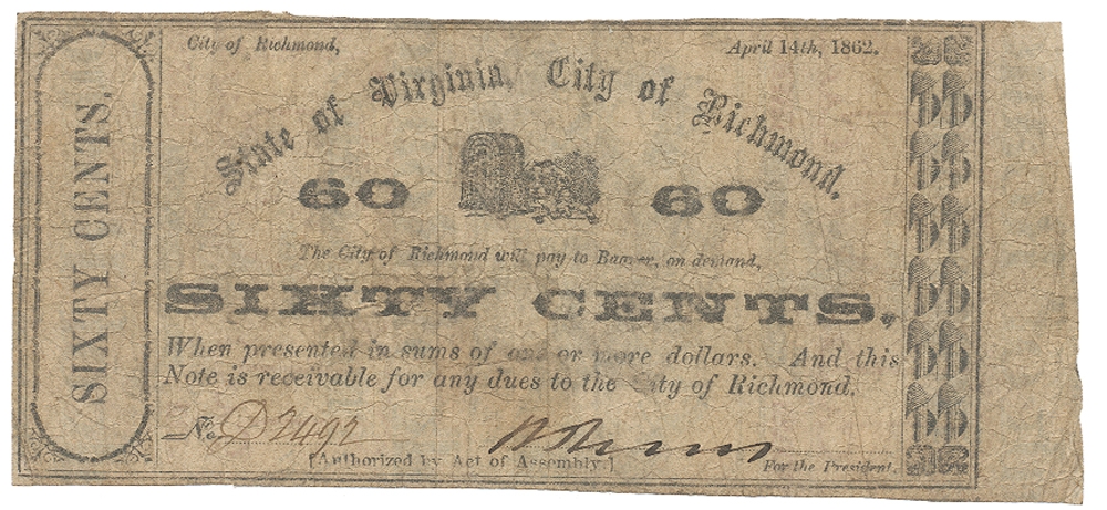 RICHMOND, VIRGINIA 60₵ NOTE DATED 1862 PRINTED ON BACK OF OLD $5 NOTE