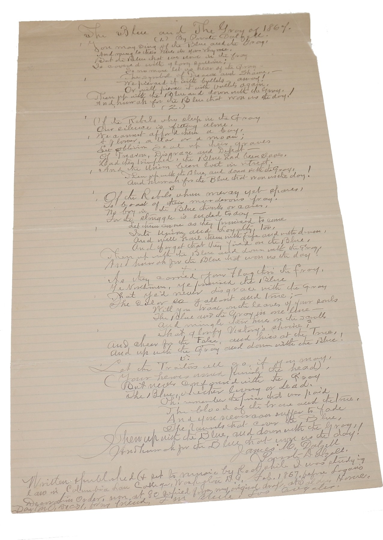1867 DATED AND SIGNED MANUSCRIPT WRITTEN BY PVT. JAMES M. DALZELL ABOUT HIS CIVIL WAR EXPERIENCES – 116TH OHIO VOLUNTEERS