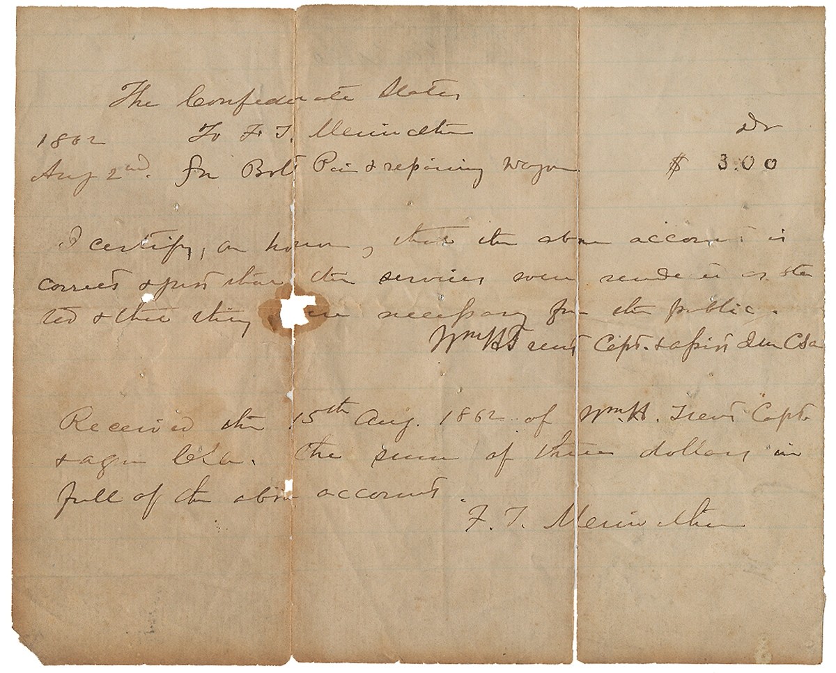 CONFEDERATE STATES RECEIPT PICKED UP BY GEORGE W. MOWERS, 21st PA CAVALRY & 87th PA INFANTRY