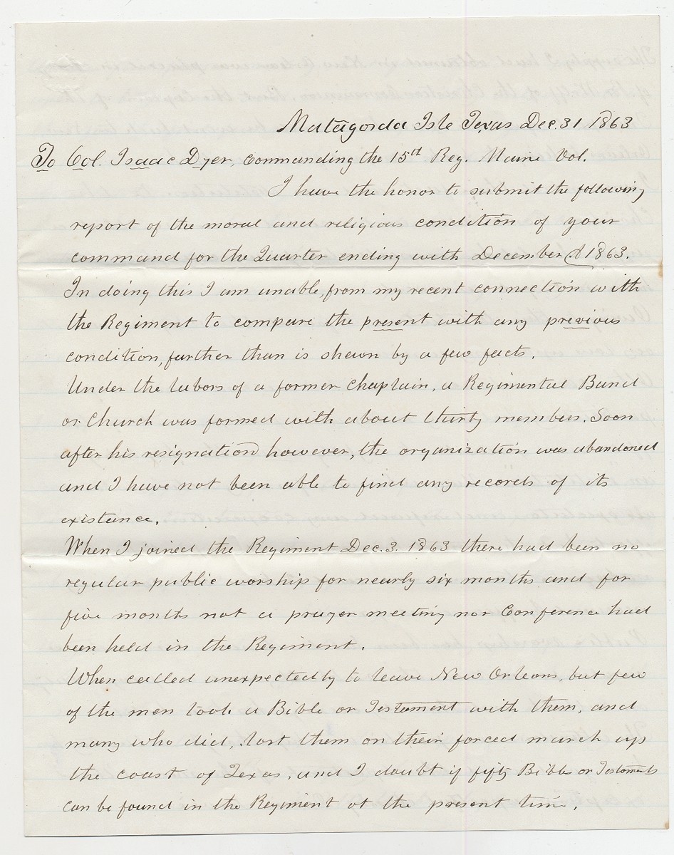 UNION CHAPLAIN LETTER — CHAPLAIN SEBA F. WEATHERBEE, 15TH MAINE VOLS.