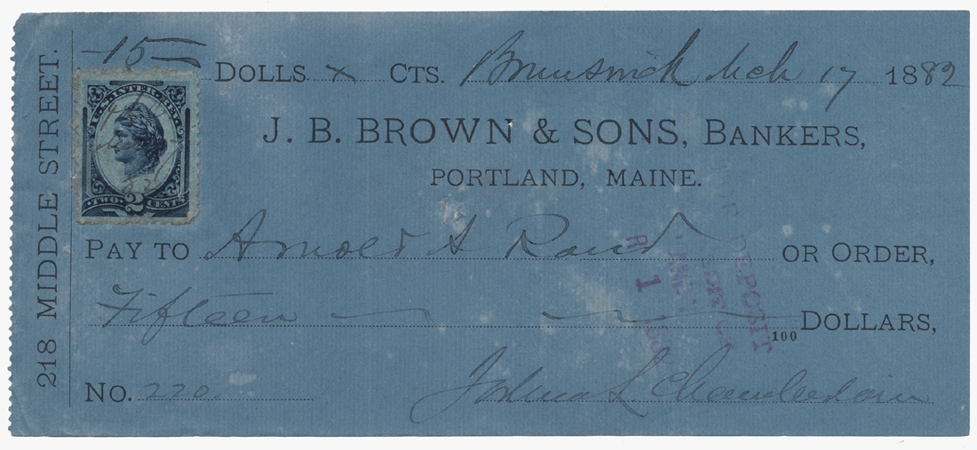 1882 CHECK SIGNED BY MEDAL OF HONOR RECIPIENT AND HERO OF LITTLE ROUND TOP, JOSHUA LAWRENCE CHAMBERLAIN OF THE 20TH MAINE INFANTRY