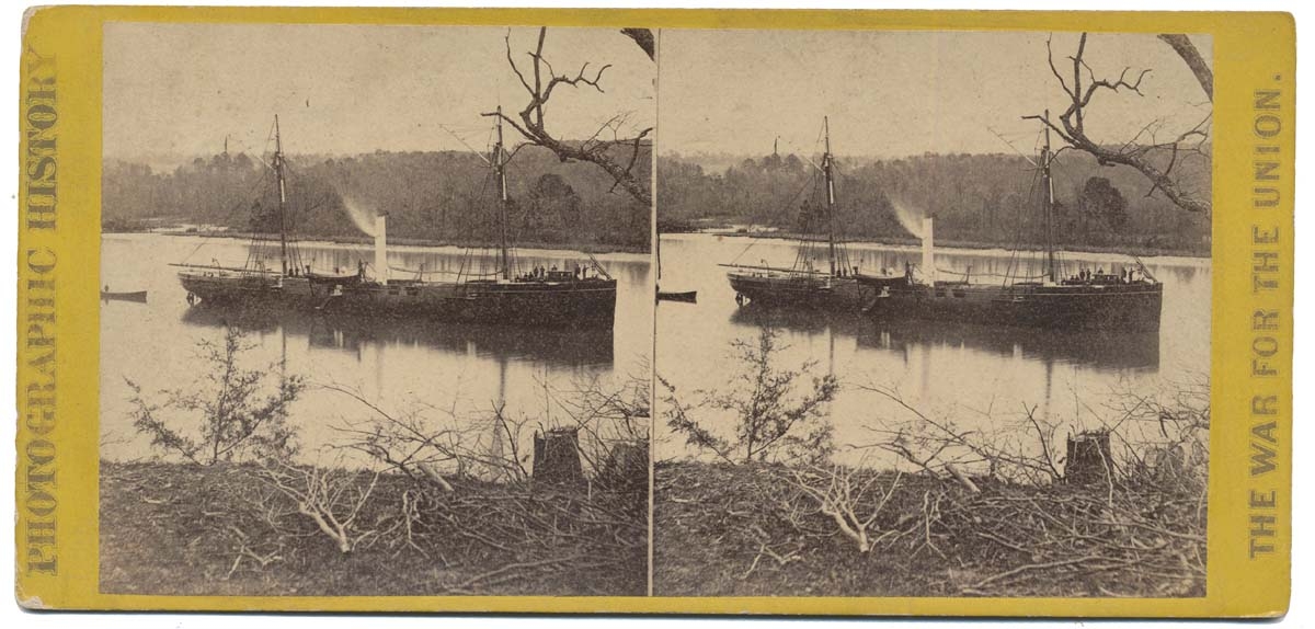 STEREO CARD VIEW OF THE GUN BOAT KANSAS IN THE JAMES RIVER