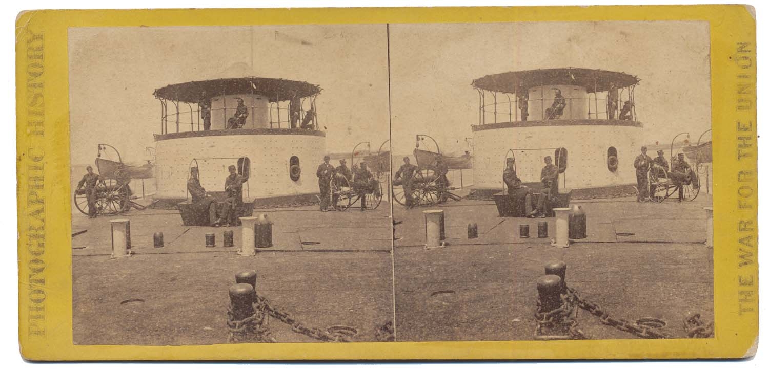 STEREO CARD VIEW OF THE USS CATSKILL IN CHARLESTON HARBOR