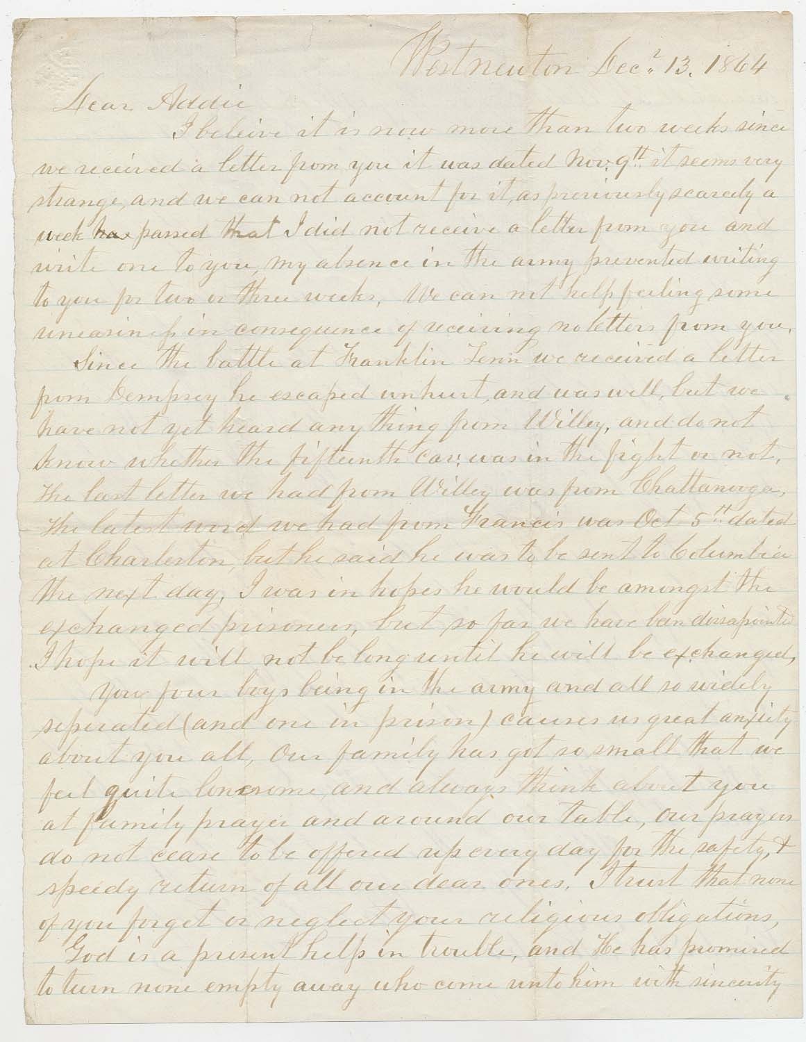 DECEMBER 1864 CIVIL WAR LETTER FROM LEBANON, PA RESIDENT JACOB FORNEY KREPS TO SOLDIER SON SERVING IN 67TH REGT. USCT