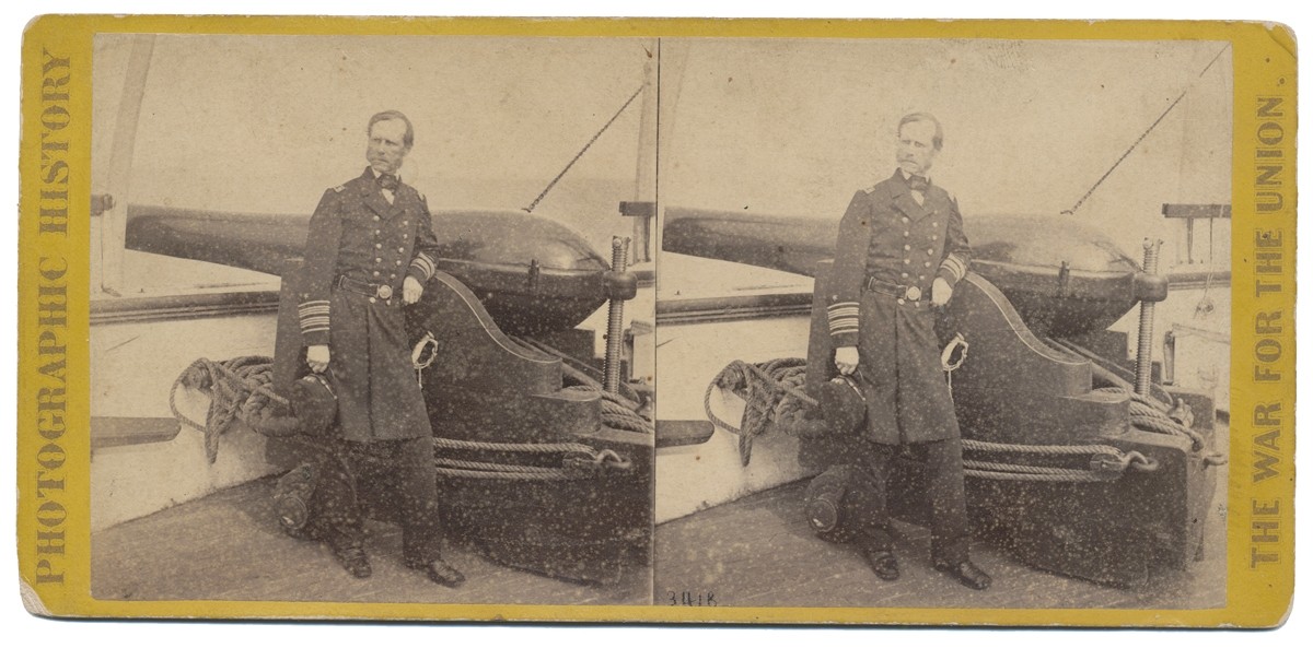 STEREO CARD VIEW OF ADMIRAL JOHN A. DAHLGREN ON THE DECK OF THE USS PAWNEE