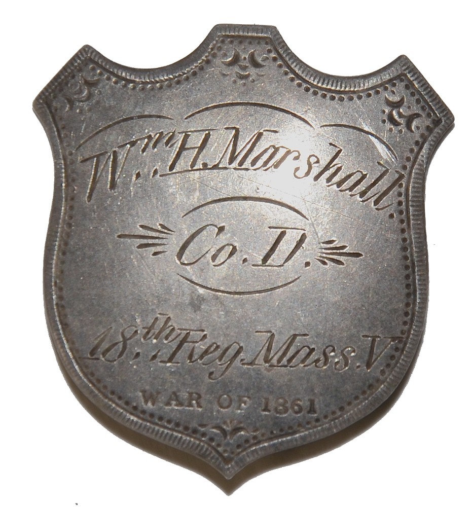 SILVER IDENTIFICATION SHIELD OF WILLIAM MARSHALL 18th MASS. 1862-1864