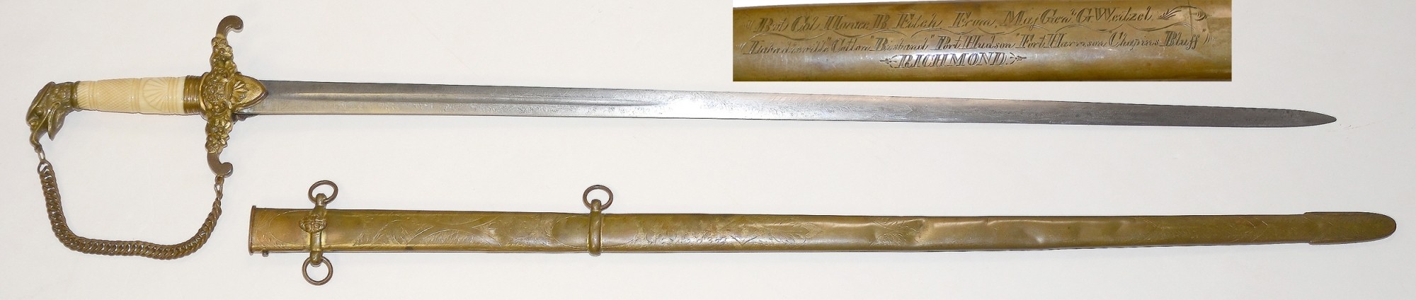 SOUTH CAROLINA OFFICER’S SWORD PRESENTED BY MAJOR GENERAL GODFREY WEITZEL TO AIDE-DE-CAMP HORACE B. FITCH, WITH SEVEN BATTLE HONORS: FITCH PENNED WEITZEL’S MESSAGE ANNOUNCING THE FALL OF RICHMOND