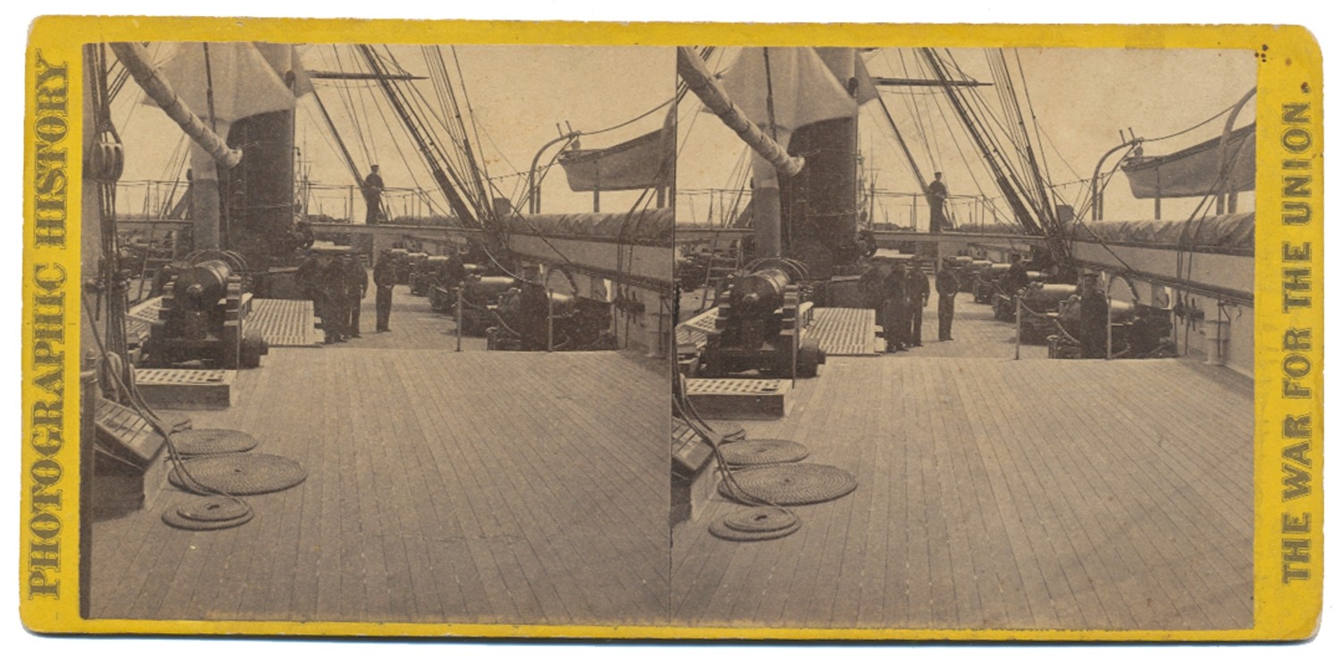 STEREO CARD VIEW OF THE QUARTERDECK OF THE USS PAWNEE