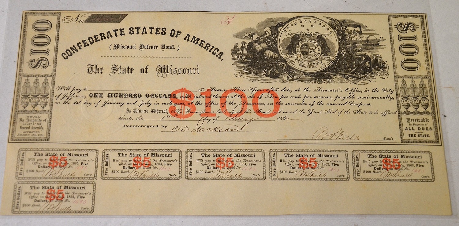 CONFEDERATE STATES OF AMERICA MISSOURI DEFENCE 1862 $100.00 BOND ...