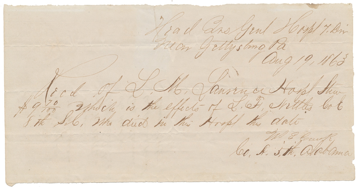 GETTYSBURG CAMP LETTERMEN DEATH RECEIPT FOR PERSONAL EFFECTS OF PRIVATE L.F. NETTLES, CO. “E”, 8TH SOUTH CAROLINA VOLUNTEERS, DIED AUGUST 19, 1863