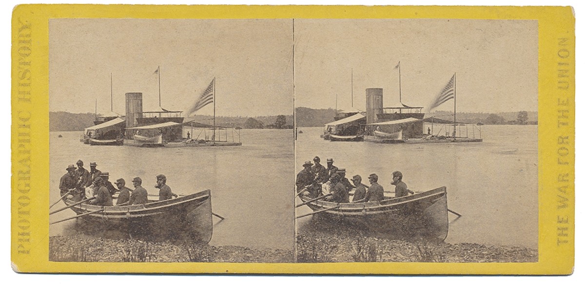 STEREO CARD VIEW OF THE MONITOR USS ONONDAGA ON THE JAMES RIVER