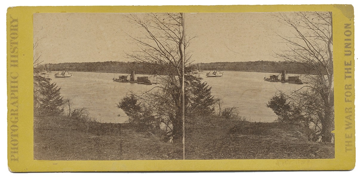 STEREO CARD VIEW OF THE MONITOR USS ONONDAGA ON THE JAMES RIVER
