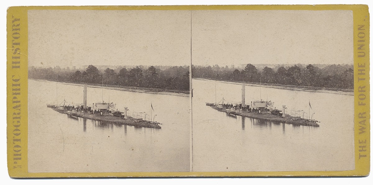 STEREO CARD VIEW OF THE MONITOR USS CASCO IN THE JAMES RIVER