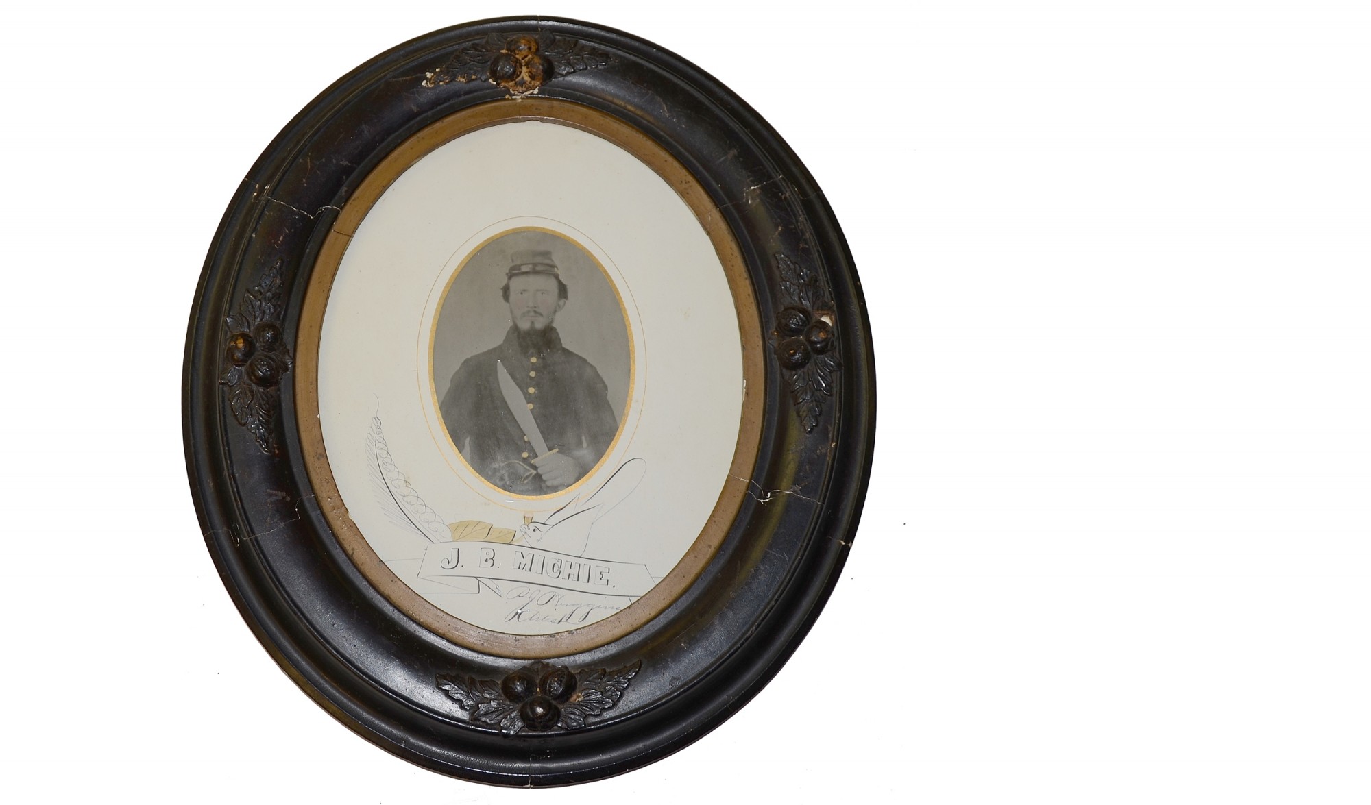 FRAMED HALF-PLATE TINTYPE OF CONFEDERATE SOLDIER WITH BOWIE KNIFE & REVOLVER