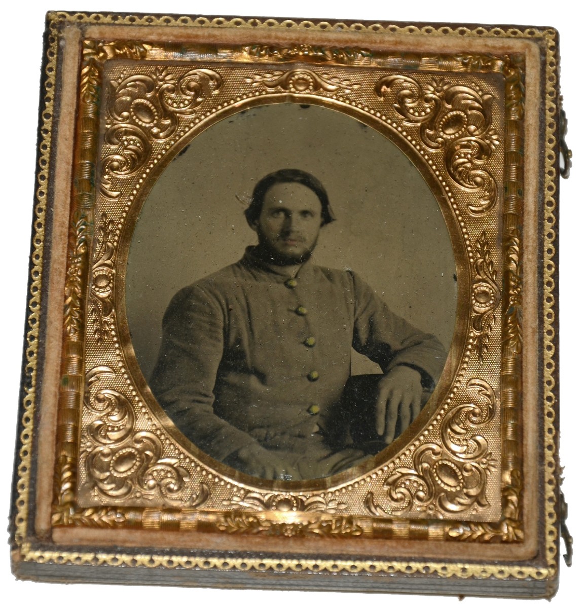 SEATED, WAIST UP AMBROTYPE OF A BEARDED CONFEDERATE IN HALF CASE