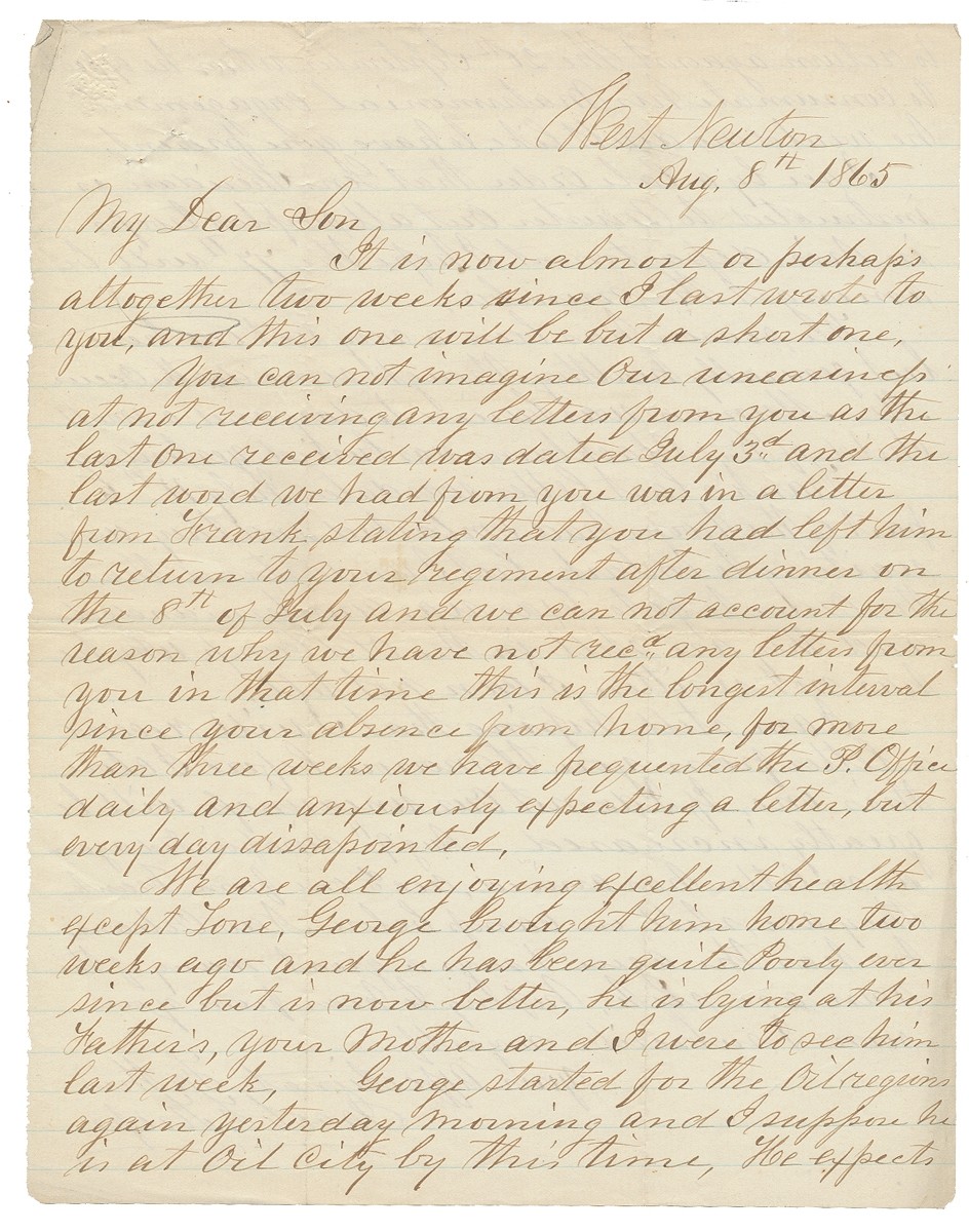 AUGUST 1865 CIVIL WAR LETTER FROM LEBANON, PA RESIDENT JACOB FORNEY KREPS TO SOLDIER SON SERVING IN 92ND REGT. USCT