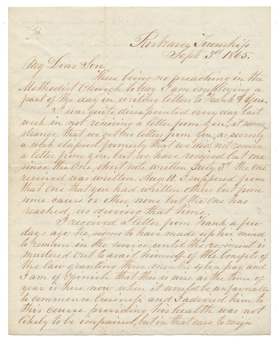 SEPTEMBER 1865 CIVIL WAR LETTER FROM LEBANON, PA RESIDENT JACOB FORNEY KREPS TO SOLDIER SON SERVING IN 92ND REGT. USCT