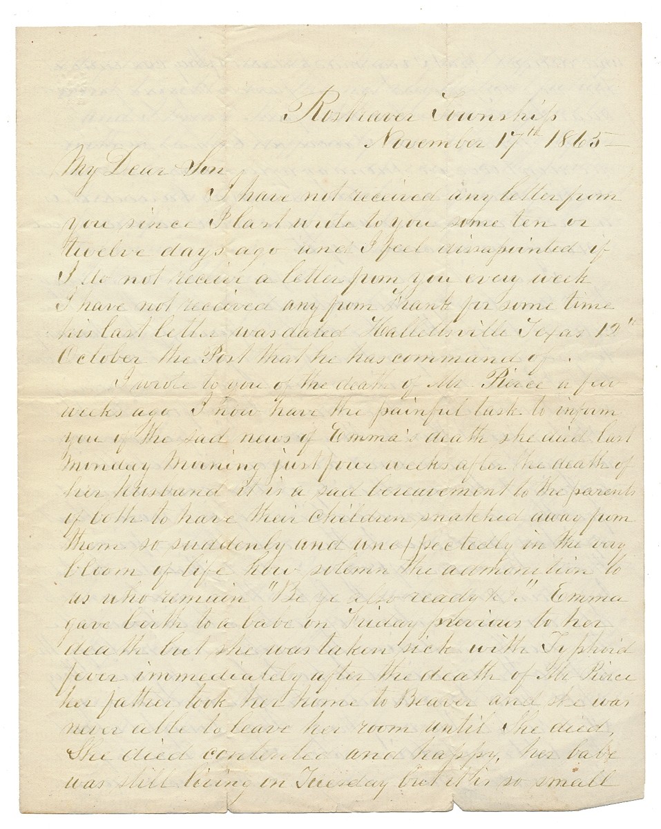 NOVEMBER 1865 CIVIL WAR LETTER FROM LEBANON, PA RESIDENT JACOB FORNEY KREPS TO SOLDIER SON SERVING IN 92ND REGT. USCT