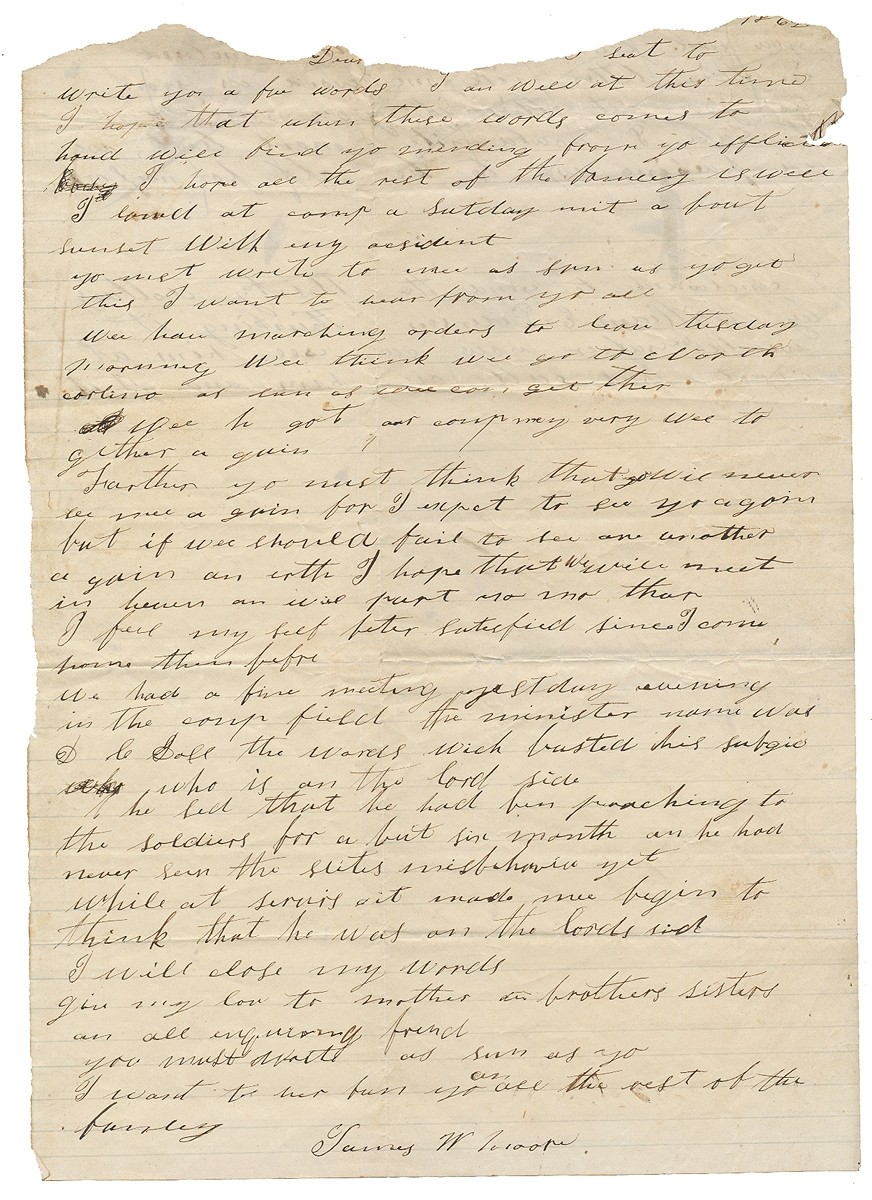 CONFEDERATE LETTER - PVT. JAMES W. MOORE, CO. “B”, 46TH VIRGINIA INFANTRY, KIA HOWLETT LINE, BERMUDA HUNDRED, VA, 6/2/1864