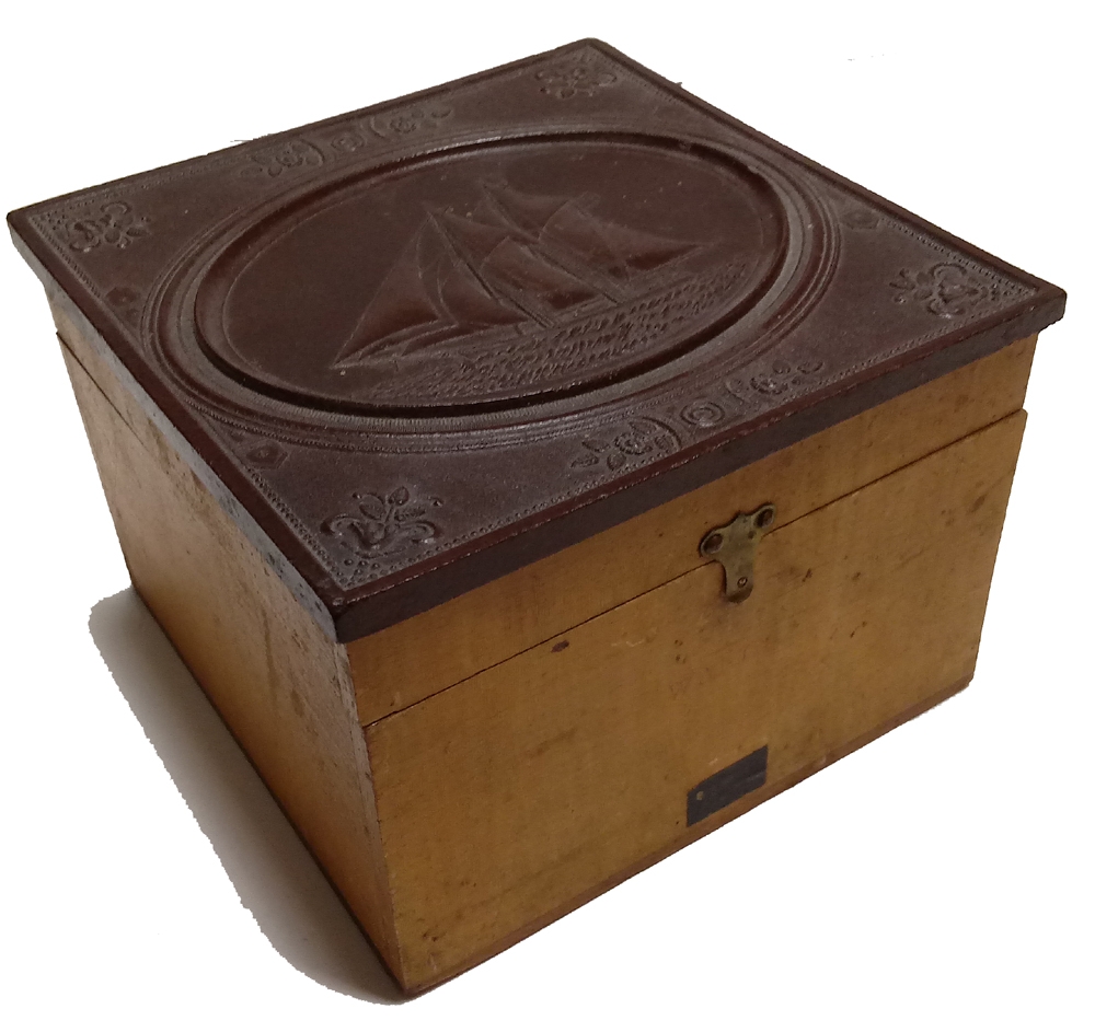 VICTORIAN ERA GUTTA PERCHA COLLAR BOX WITH SAILING SHIP