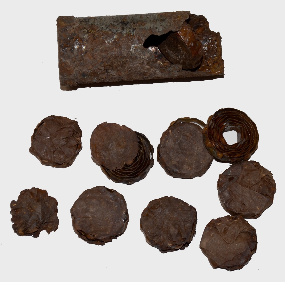 REMAINS OF MAYNARD TYPE PRIMER AND CONTAINER FROM THE SHIELDS MUSEUM COLLECTION. RECOVERED ON THE FIRST DAYS BATTLEFIELD WEST OF TOWN