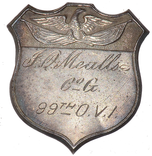 SILVER SHIELD ID BADGE OF JAMES ORLANDO MEALLS, CO. G, 99th OH INFANTRY 