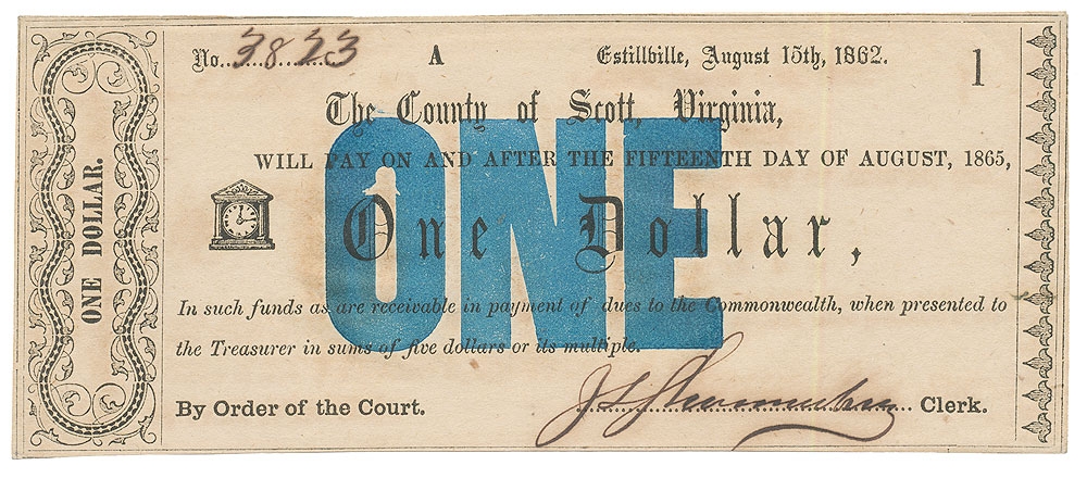 $1 BANK NOTE FROM SCOTT COUNTY, VIRGINIA, AUGUST 1862