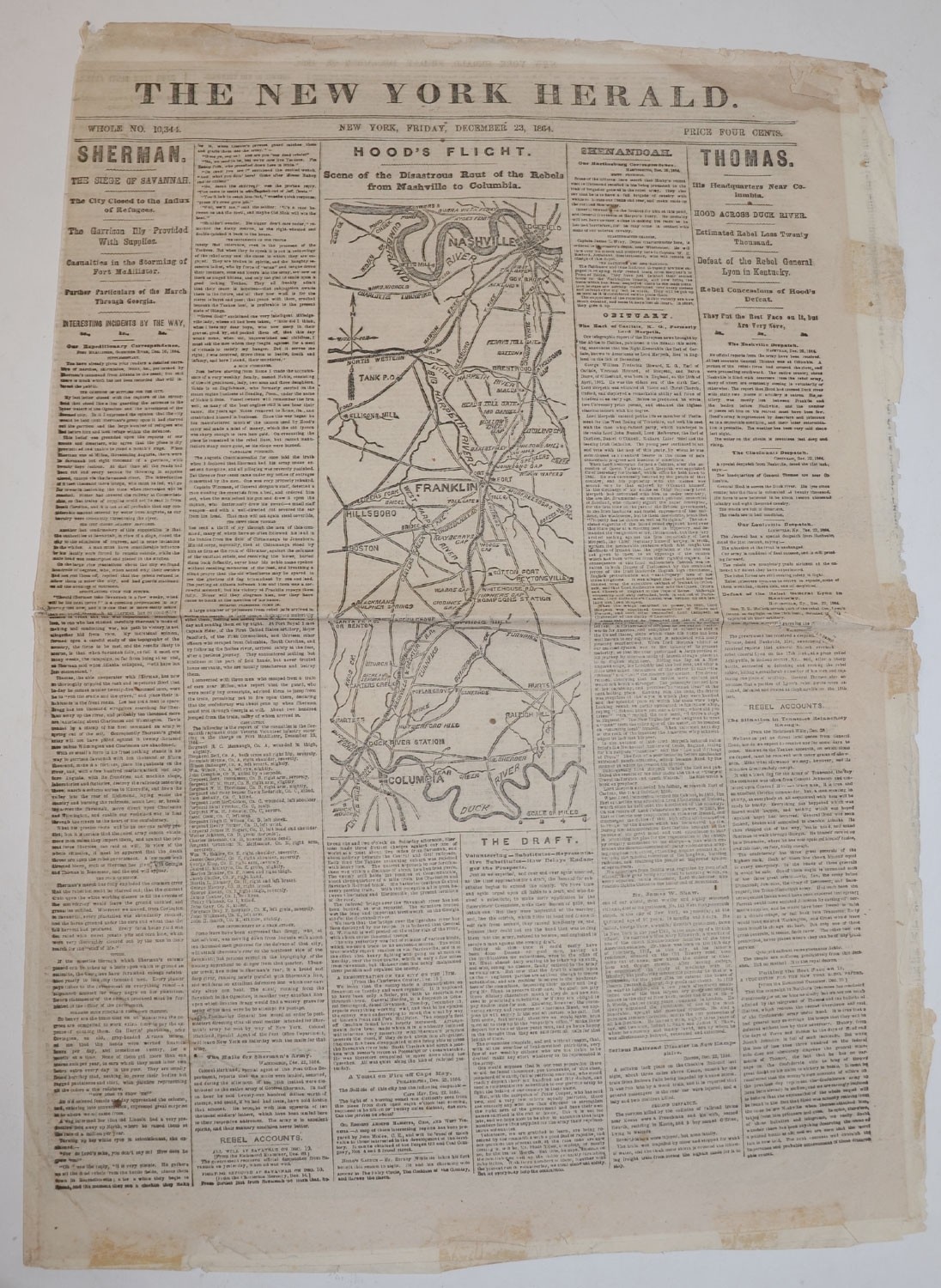 THE NEW YORK HERALD — BATTLE OF NASHVILLE/SIEGE OF SAVANNAH - DECEMBER 23, 1864